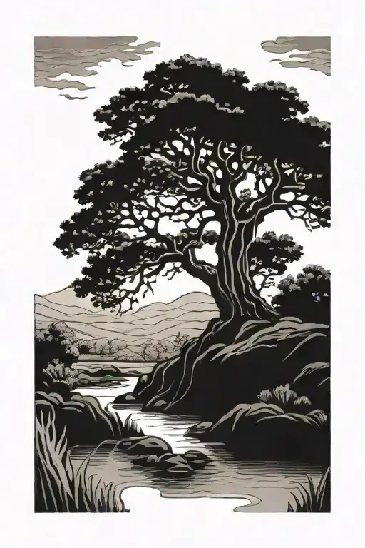 Giant Oak Tree With River Flowing Underneath Is Trunk