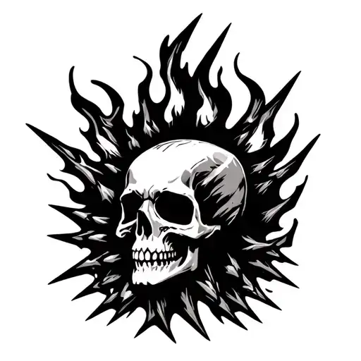 Skull With Spikes On Its Head Engulfed In Flames
