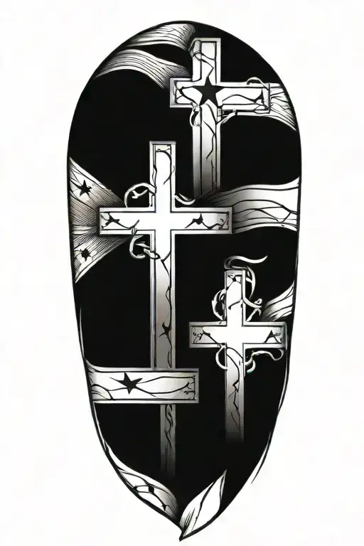 Vertical Amercian Flag Intertwined With 3 Crosses