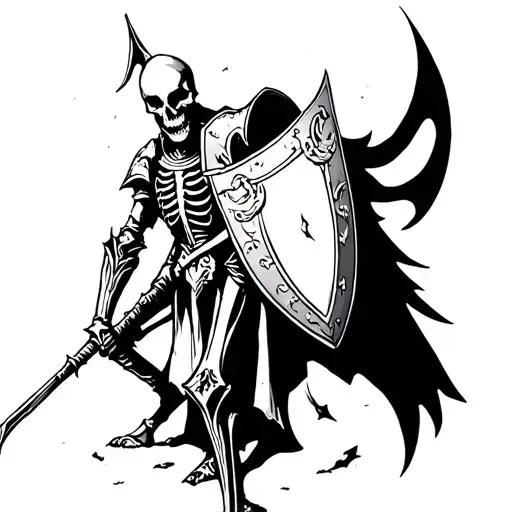 Skeleton Knight With Helmet And A Halberd And Shield