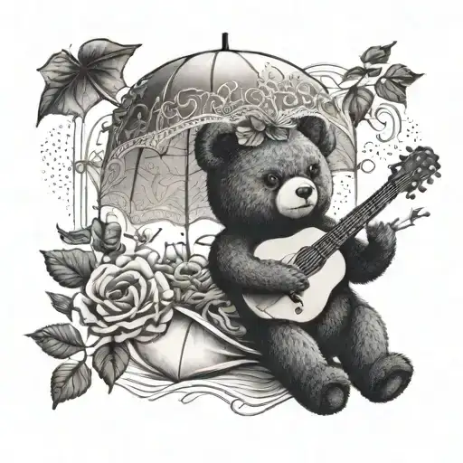 A Teddy Bear Playing A Guitar Under A Lace Umbrella Surrounded By Nature Elements