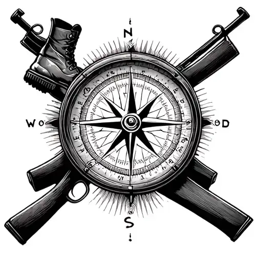 A Detailed Compass With Hiking Boots And A Hunting Rifle Crossed Behind It