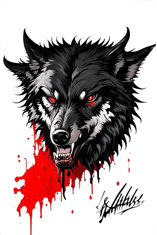Big Black Wolf Bloody Red Eyes Scars Grim Looking Teeth Fletching Aggressiv Face