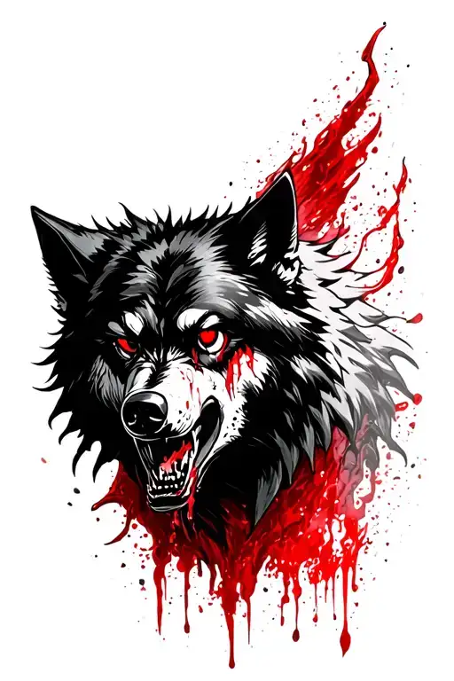 Big Black Wolf Bloody Red Eyes Scars Grim Looking Teeth Fletching Aggressiv Face Side View
