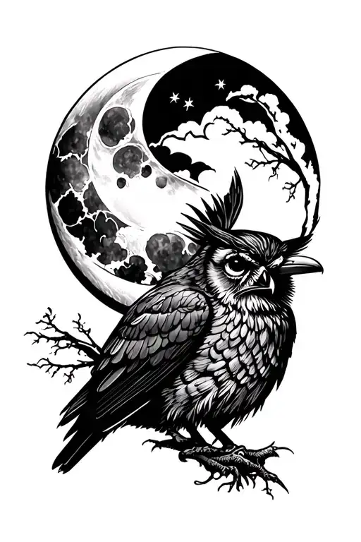 Raven And Owl And Moon