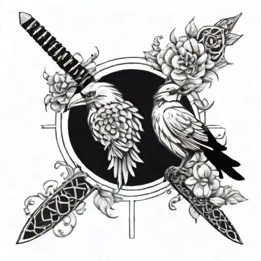 Incorporate Samurai Swords And Crows In A Blackwork Style Tattoo With Subtle Hints Of Fiori Di Loto