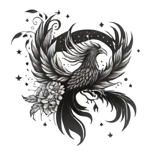 A Phoenix Rising From A Bed Of Dahlias Surrounded By Stars