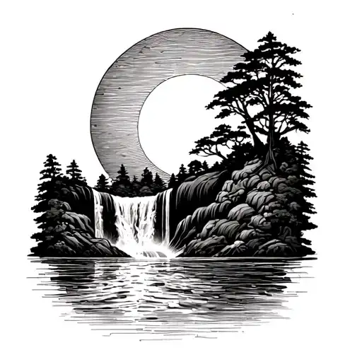 Rising Sun And A Waterfall