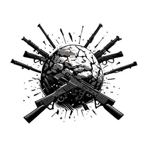 Sisyphus Pushing Boulder And Broken Rifles Symbol For Antimilitarism