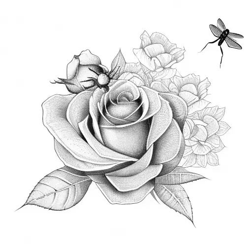 Two Roses And A Dragonfly In The Middle Of Them