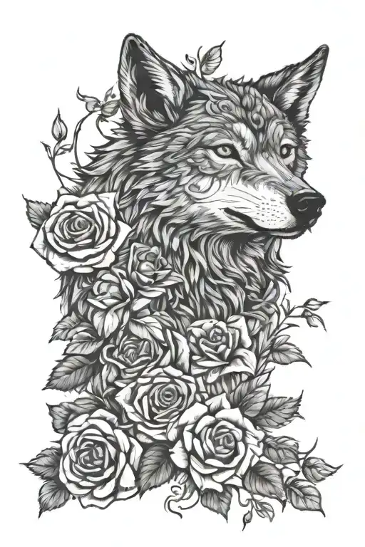 Wolf Blended By Roses Mayflowers