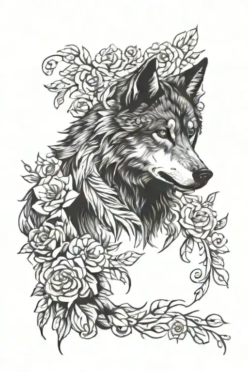Wolf Blended By Roses And Mayflowers