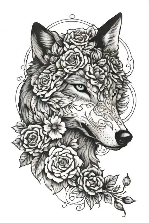 Feminine Wolf Blended By Roses And Mayflowers