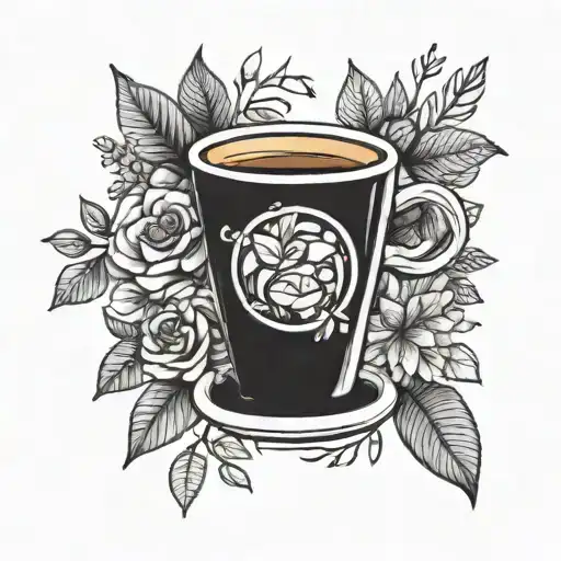 A Tattoo Featuring A Coffee Cup Surrounded By Flowers And Trees