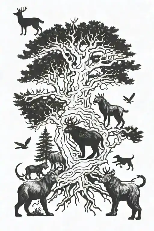 Hounds Treeing A Bear On One Side With A Tree Stand And Deer On Other Side Of Tree