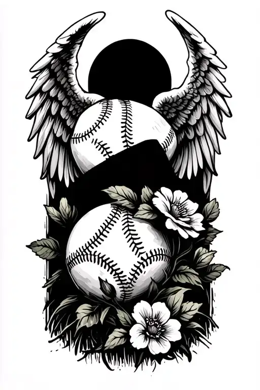 Baseball Field With Angel Wings And A Flowers Of Death Intertwined