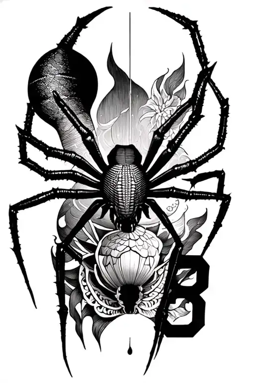 Huge Leg Tattoo That Includes A Spider And The Number 8