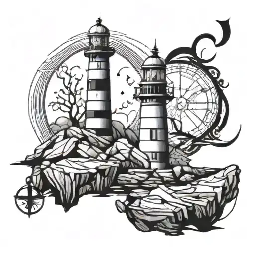 A Lighthouse Perched On Rough Rocks With An Anchor And Compass Intertwined In The Design