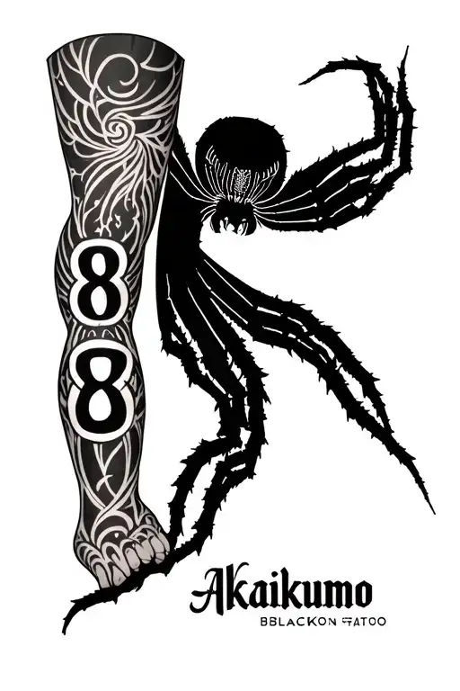 Huge Leg Tattoo That Includes A Spider And The Number 8 And The Word Akaikumo