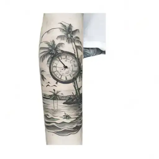 A Clock Sinking Into The Ocean With Palm Trees And A Sun On The Shore