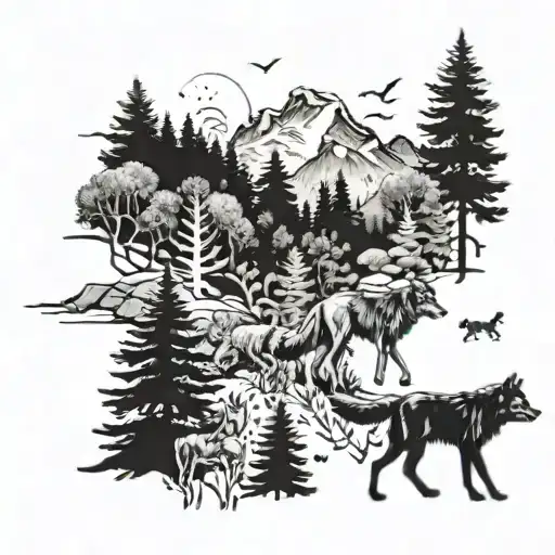 A Mystical Forest Landscape With A Pack Of Wolves And Ethereal Wildflowers