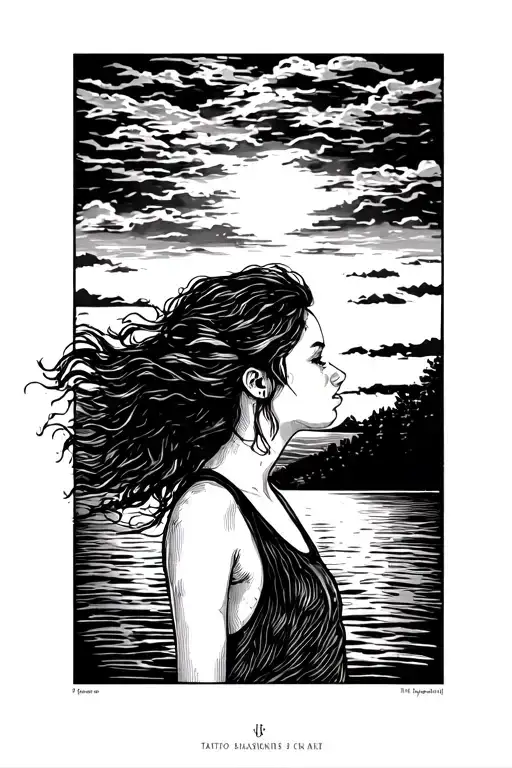 A Girl Watching The Sunset And The Wind Blowing Her Hair