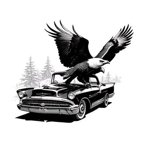 A Tattoo Of A Majestic Eagle Soaring Over A Classic Car