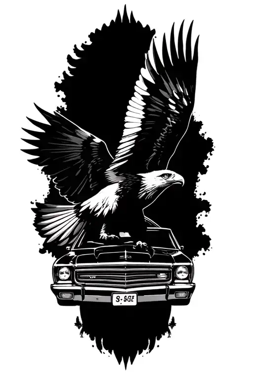 A Tattoo Of A Majestic Eagle Soaring Over A Classic Car