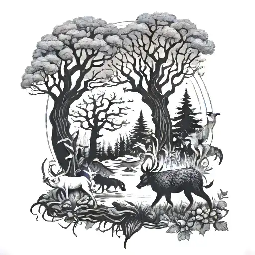 A Mystical Forest Scene With Hidden Animals And Creatures