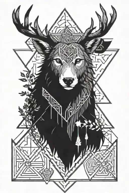 A Combination Of Forest Animals And Runic Symbols In A Geometric Blackwork Design