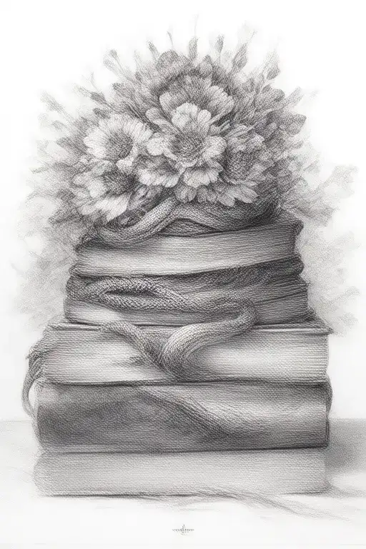 Stack Of Books Decorated With Flowers And A Coiled Snake