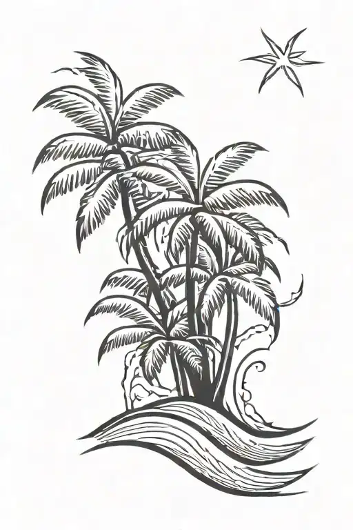 Black Palm Tree With A Wave Behind It