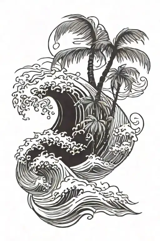 Chinese Style Wave With A Palm Tree Silhouette