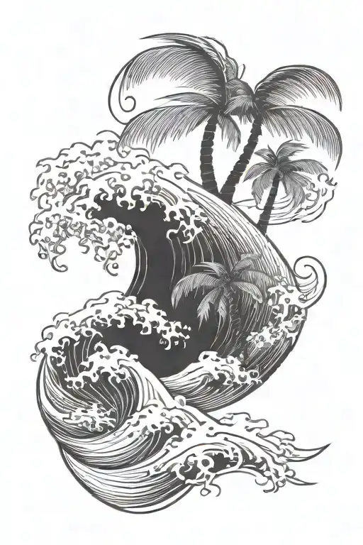 Chinese Style Wave With A Palm Tree Silhouette