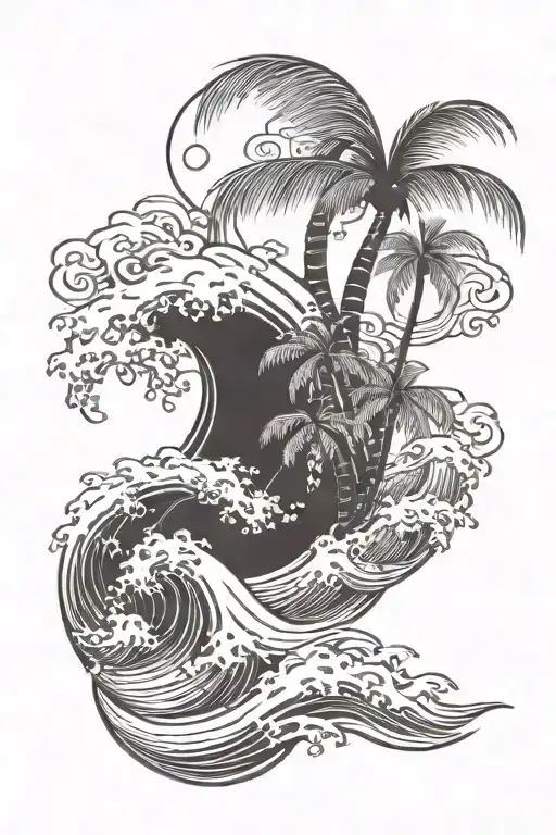 Chinese Style Wave With A Palm Tree Silhouette
