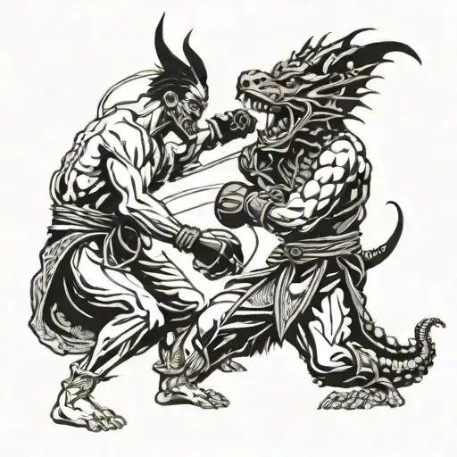 A Ronin Boxer Facing Off Against A Dragon In A Blackwork Style