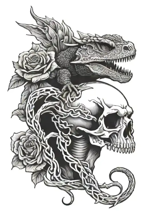 Skull And Roses Intertwined With Bearded Dragon Breathing Fire
