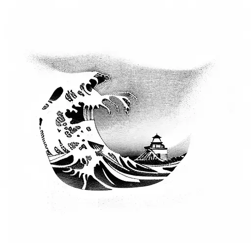 Lighthouse With Great Wave Off Kanagawa With The Words Que Sera Sera