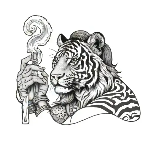 Half Woman Half Tiger Face Smoking Cigarette