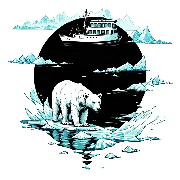 White Bear On An Ice Floe And A Boat Breaking Ice