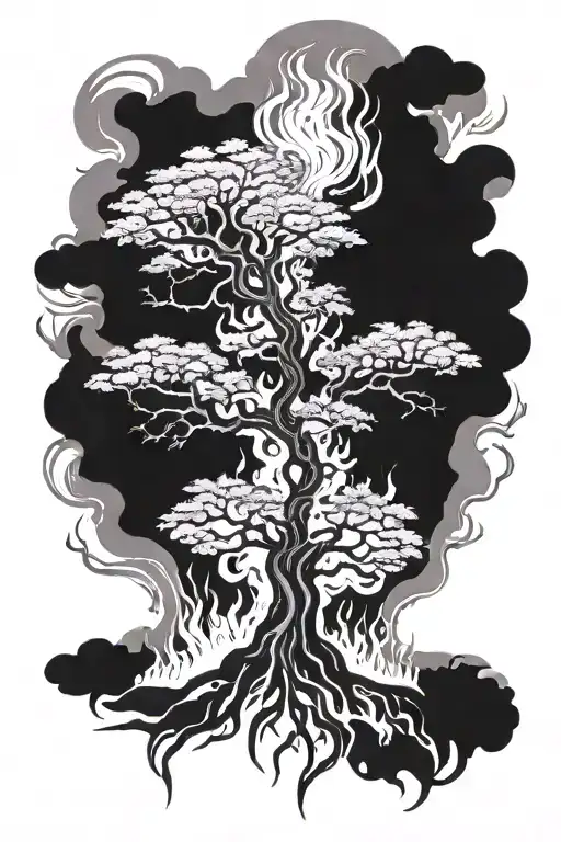 Surreal Tree On Fire Grayscale