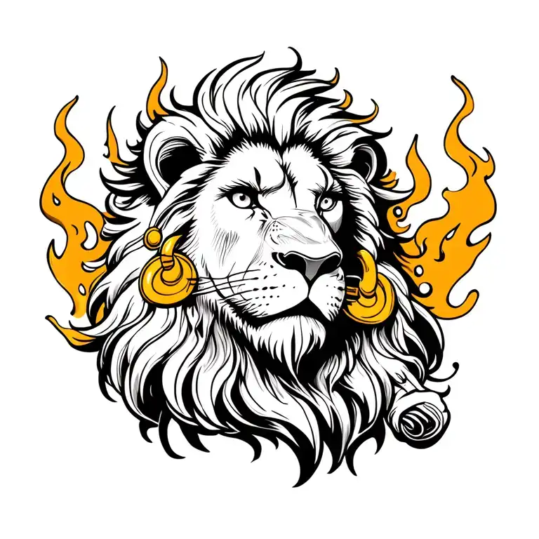 Lion With Golden Earrings And Flames Around Him