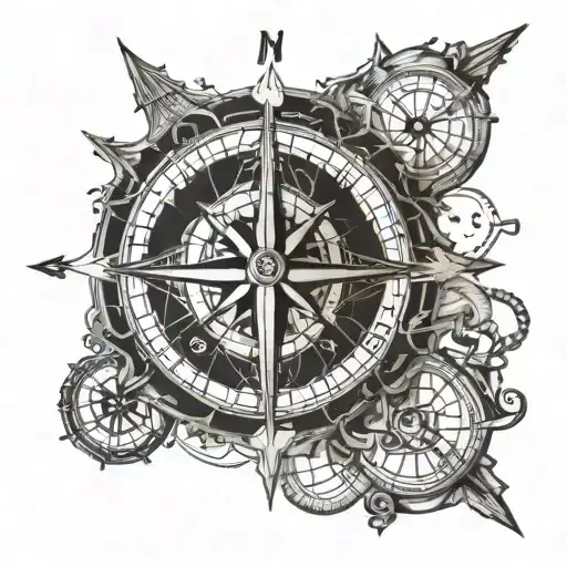 A Blackwork Tattoo Of A Ship's Compass With Intricate Details