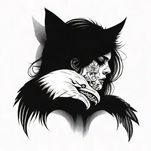 A Tattoo Design Of A Nude Woman With A Hairy Pussy With One Skull And With A Crow