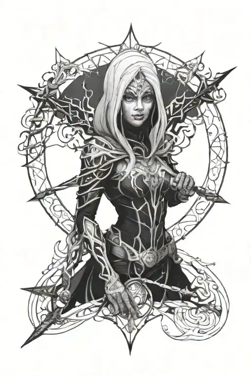 Combine The Drow Ranger Character With Elements Of Arcana In A Mystical And Dark Design