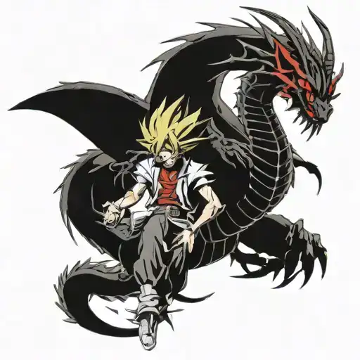 Illustrate A Battle Scene Between Yugi Oh Characters On The Back Of A Black Dragon With Red Eyes