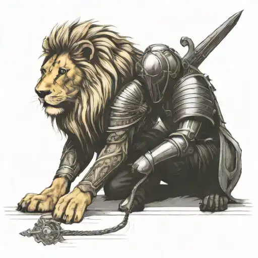 Male Lion And A Knight Kneeling