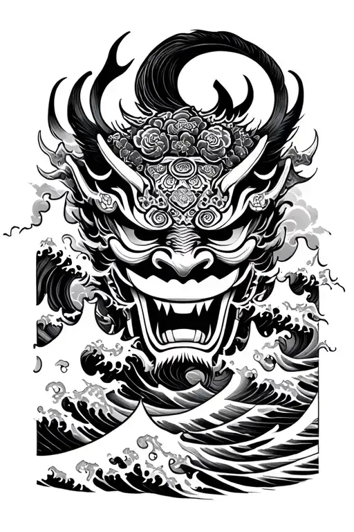 Traditional Japanese Oni Mask And Waves Crashing In The Background