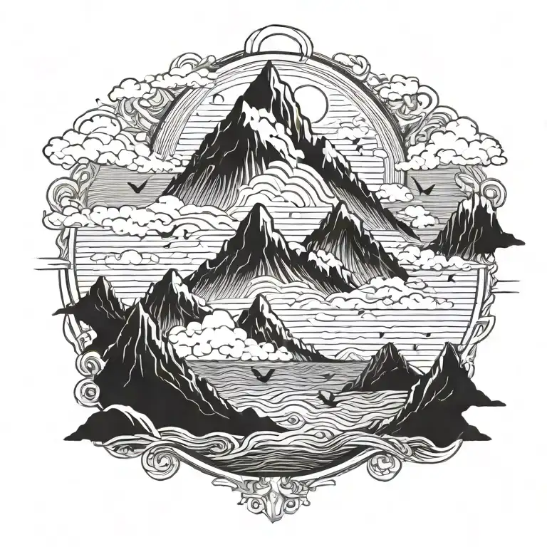 Large Mountain With Sun Clouds And Birds Surrounded By Waves Of Flood Water