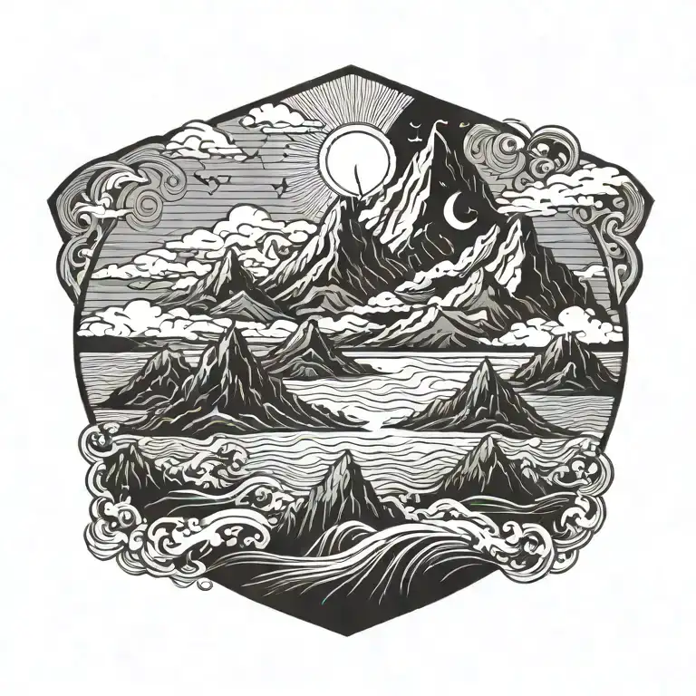 Large Mountain With Sun Clouds And Birds Surrounded By Waves Of Flood Water